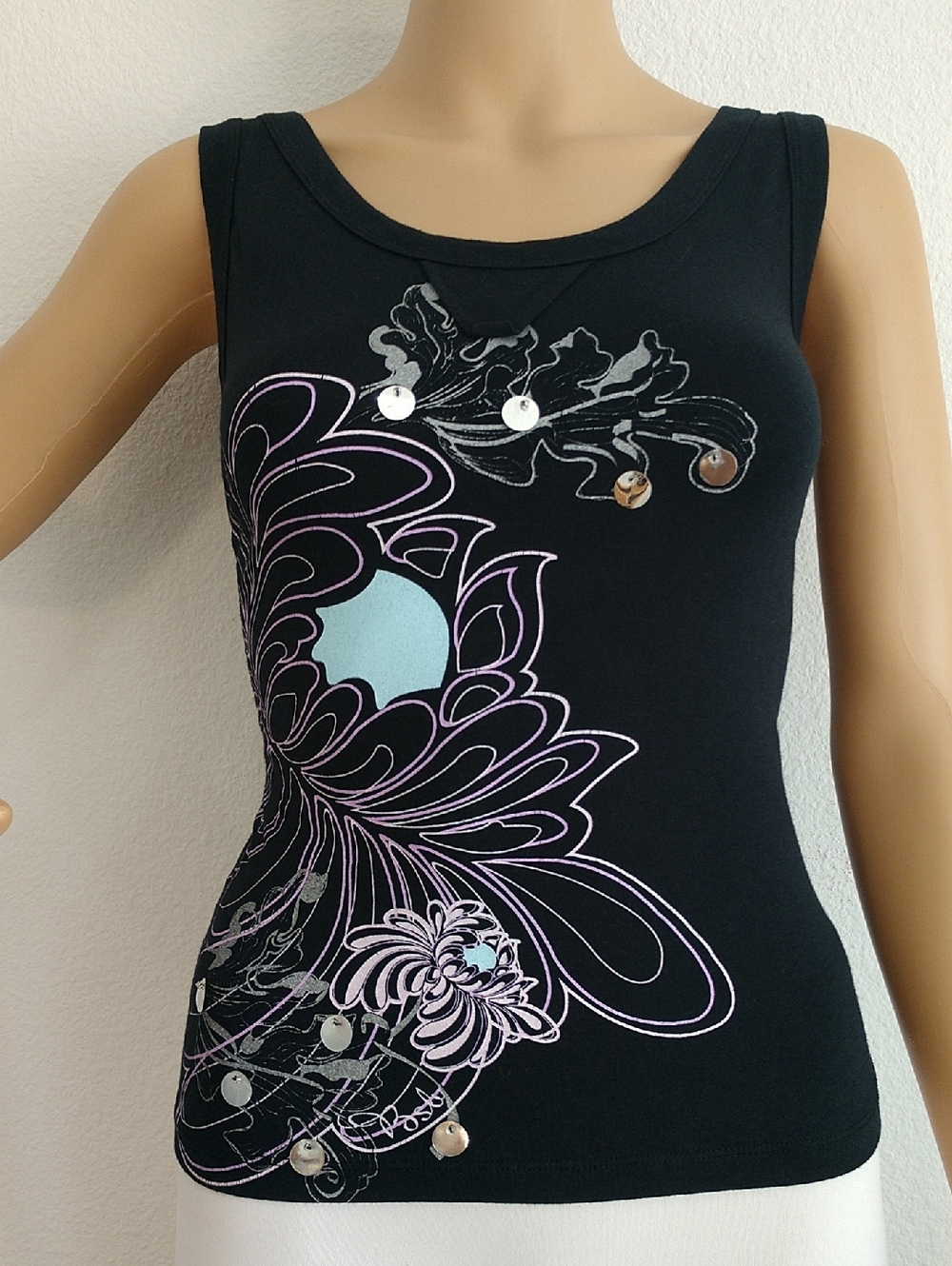 Black Floral Sequin Sleeveless Tank Top